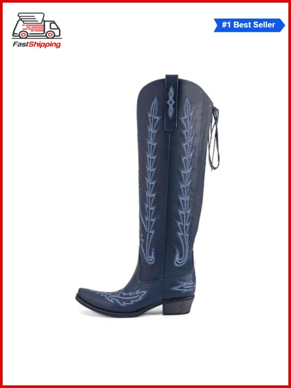 ✨ Western Cowboy Knee High Boots Wide Calf Lace Up Embroidered Faux Leather